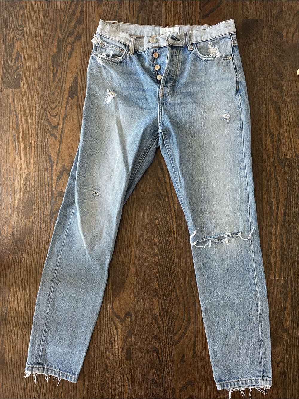 Current/Elliott Distressed Boyfriend Jeans Button Fly Two-Tone Back Pockets Raw